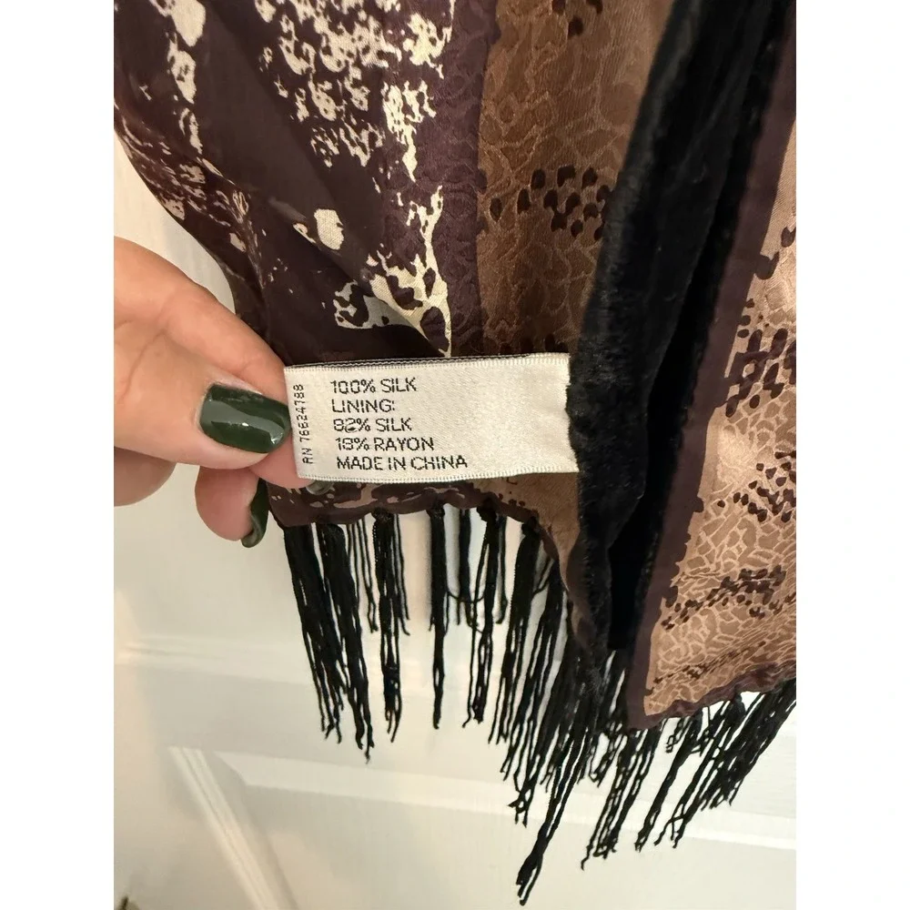 Adrienne Landau Animal Print‎ Rectangular Silk Scarf Fringe Velvet Back